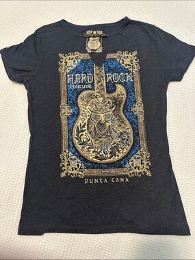 Hard Rock Cafe Black Tee with Gold & Blue Ornate Print